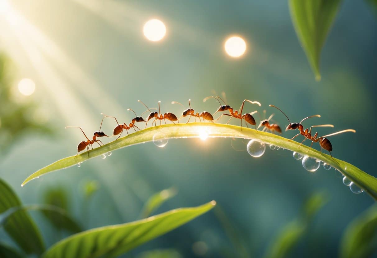 Grupo de formigas trabalhando juntas sobre uma folha iluminada por luz suave, com orbes espirituais translúcidos ao redor em um ambiente natural.