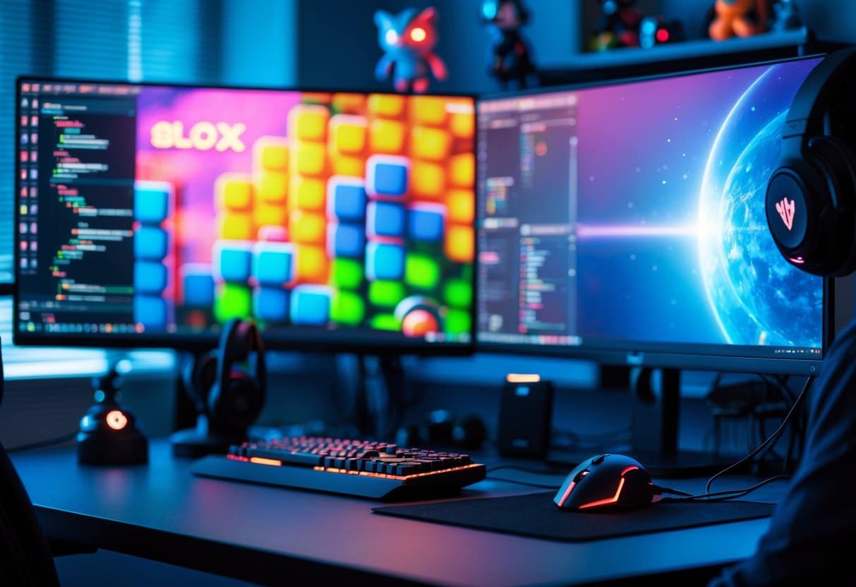 Mesa de trabalho moderna com computador exibindo gráficos coloridos de jogo, acessórios de jogos e livros ao fundo.