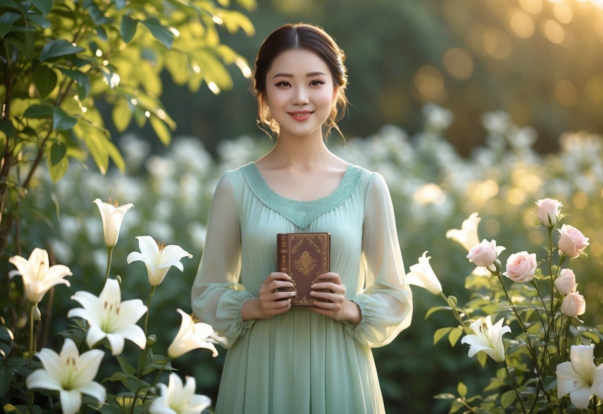 Jovem mulher sorridente em jardim ensolarado com flores brancas, segurando um livro pequeno próximo ao peito.