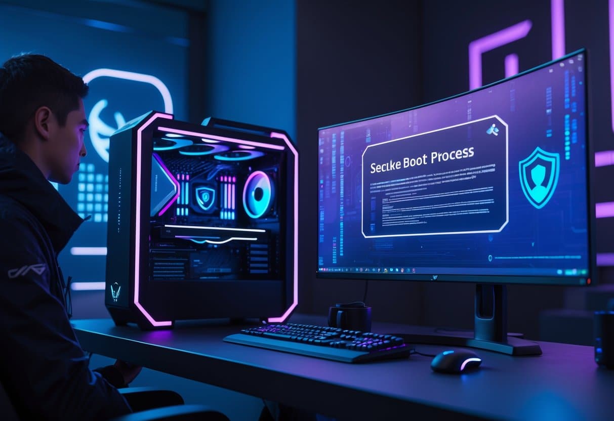 Um ambiente moderno com um computador gamer iluminado e telas mostrando gráficos de segurança digital relacionados ao jogo Valorant.