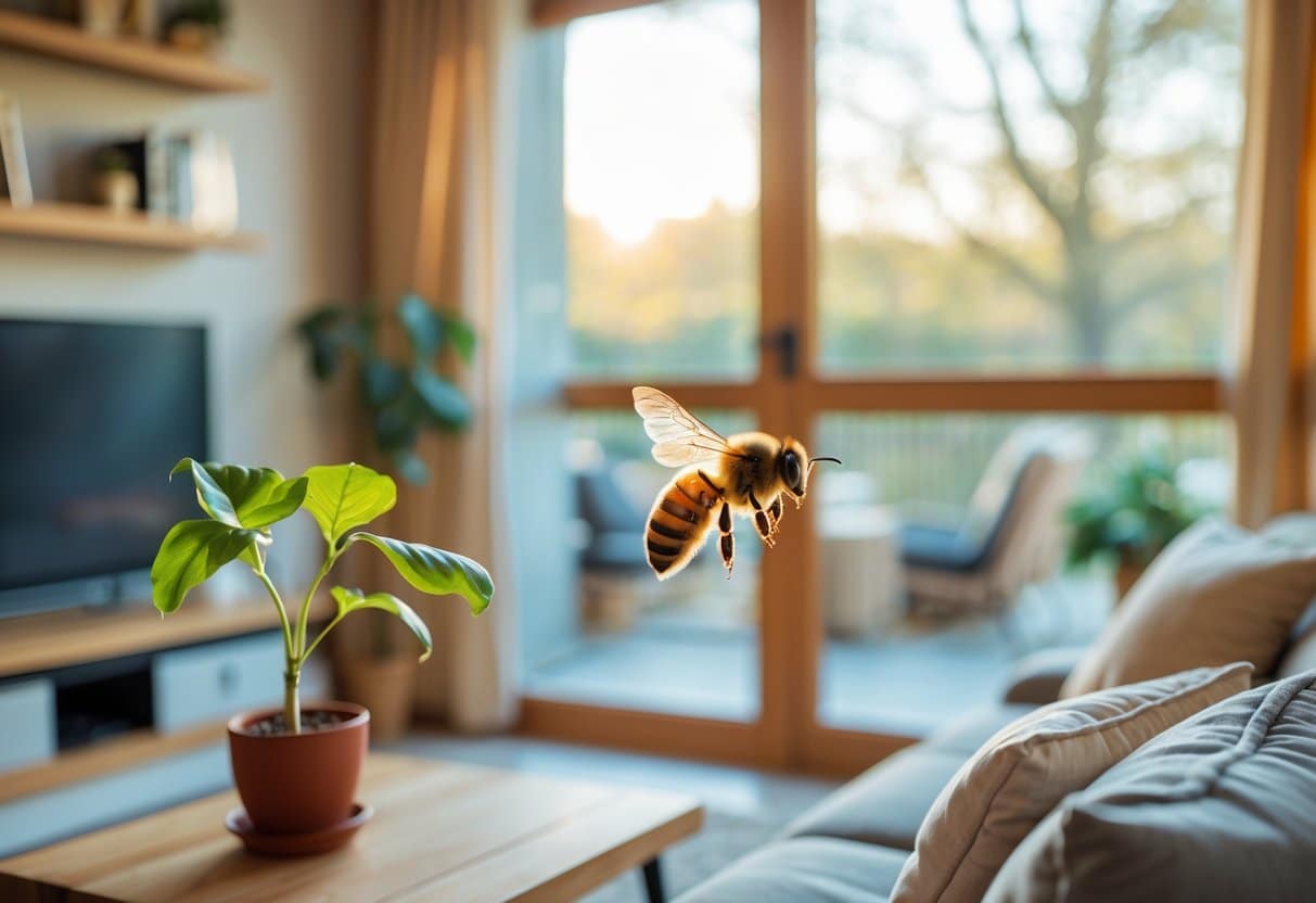 Abelha voando perto de uma planta dentro de uma sala de estar iluminada e aconchegante.