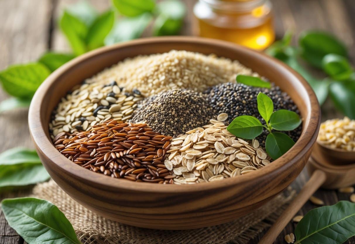 Uma tigela de madeira com uma mistura de grãos saudáveis para emagrecer sobre uma mesa rústica, cercada por folhas verdes e um pote pequeno de mel.