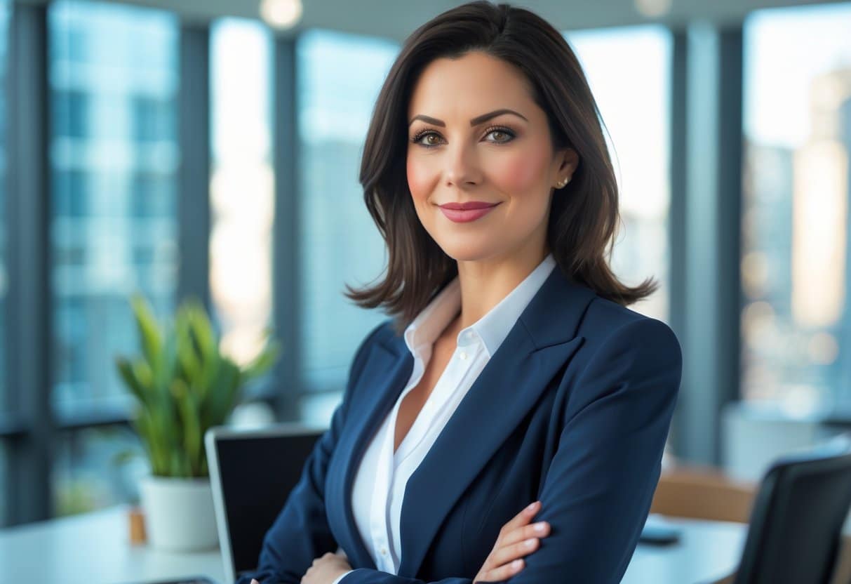 Mulher confiante vestindo roupa de trabalho, em um escritório moderno com janela e plantas.