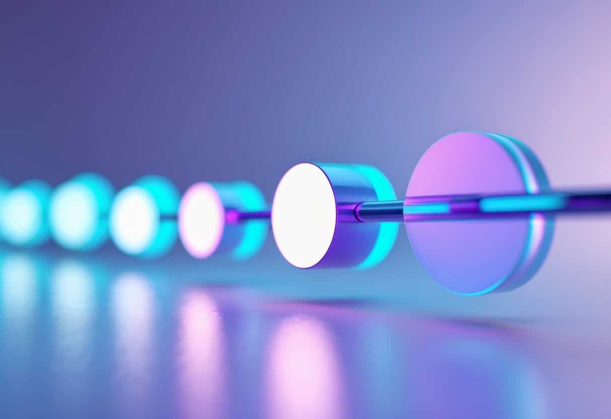 Sequência de formas geométricas conectadas e iluminadas, representando progresso e continuidade.