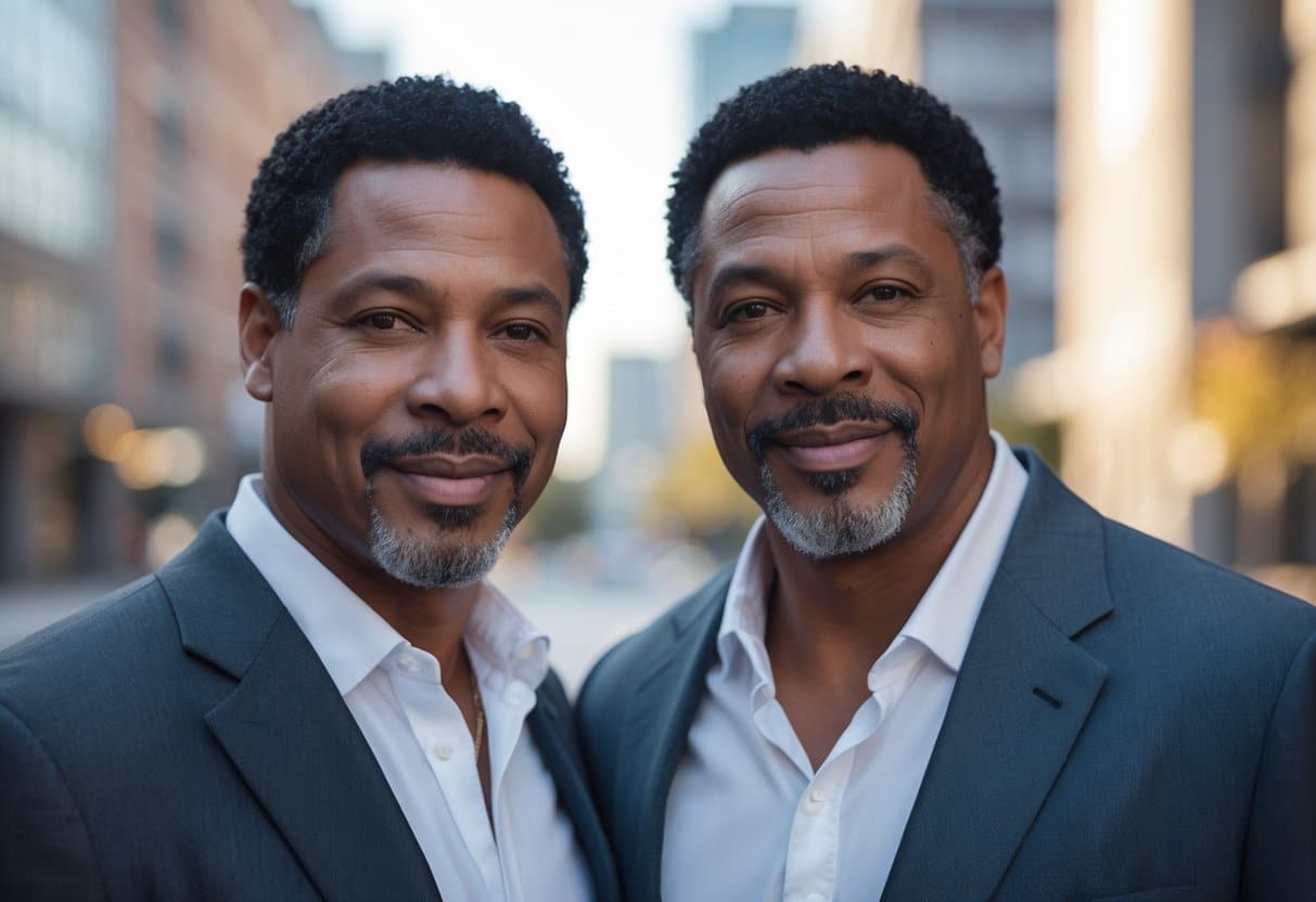 Dois homens adultos afro-americanos semelhantes aos irmãos Wayans, em pé lado a lado em um ambiente urbano moderno, com expressões amigáveis.