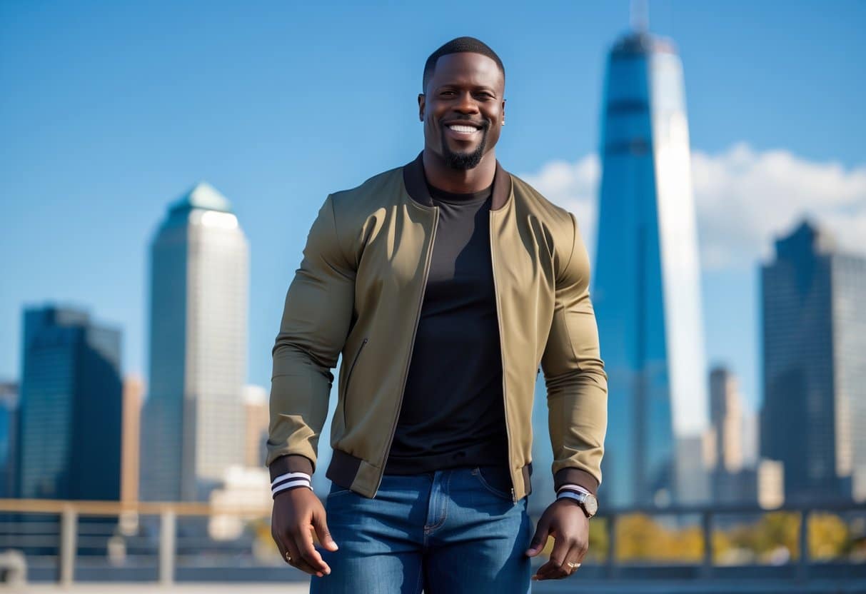 Homem sorridente em pé ao ar livre com um horizonte urbano ao fundo.