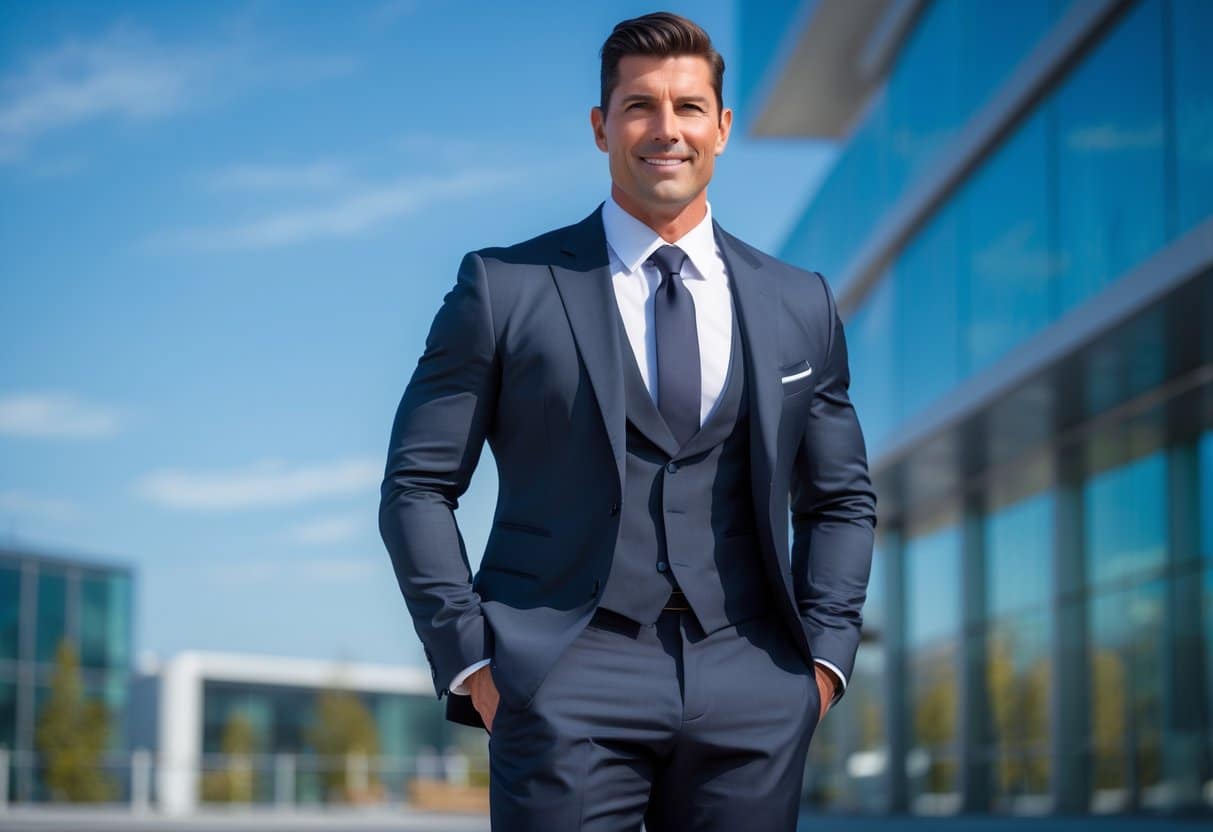 Homem alto e confiante parecido com Tom Cruise, vestido com terno escuro, em ambiente urbano moderno durante o dia.