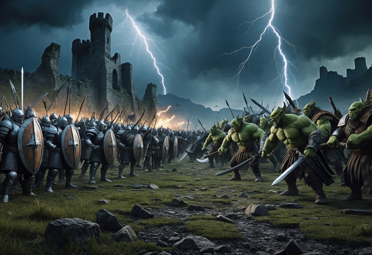 Cena de batalha épica entre cavaleiros humanos e guerreiros orcs em um campo de guerra com castelos arruinados e céu tempestuoso ao fundo.
