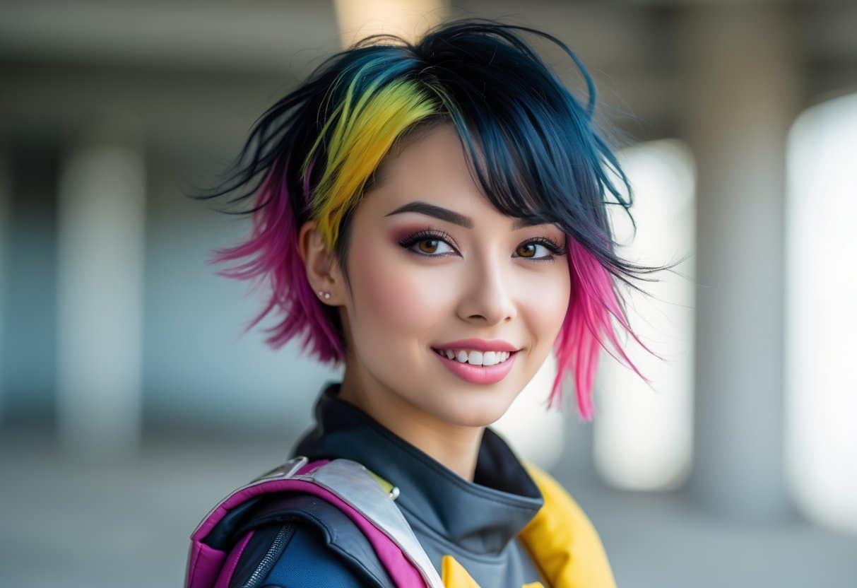 Jovem mulher com cabelo curto e colorido, expressão confiante, em ambiente urbano desfocado.