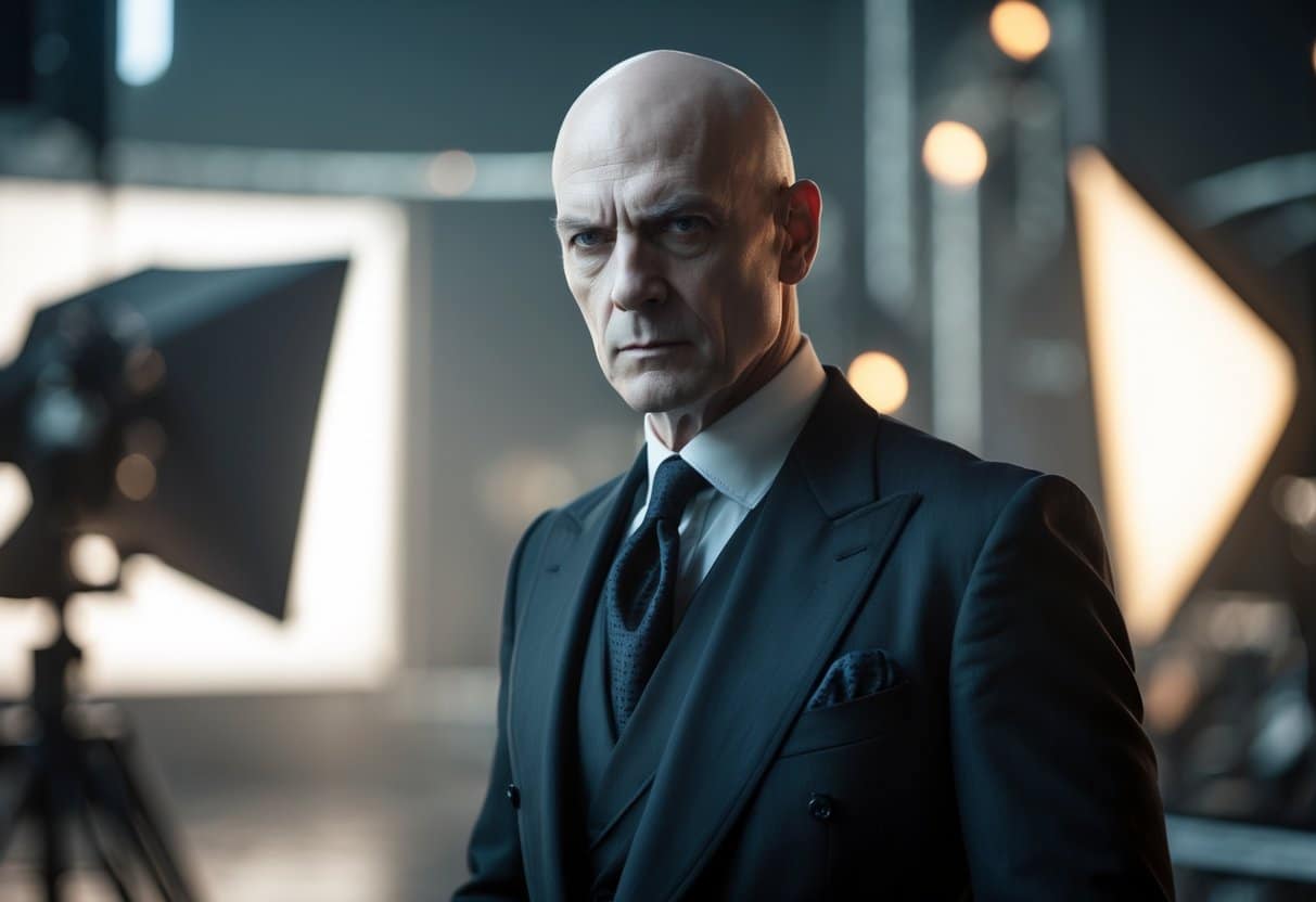 Ator britânico de meia-idade em um estúdio de filmagem, com expressão séria e aparência que lembra um vilão, usando terno escuro.
