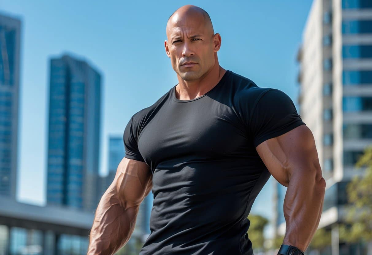 Homem alto e musculoso, com cabeça raspada, em pé em um ambiente urbano moderno sob céu azul.