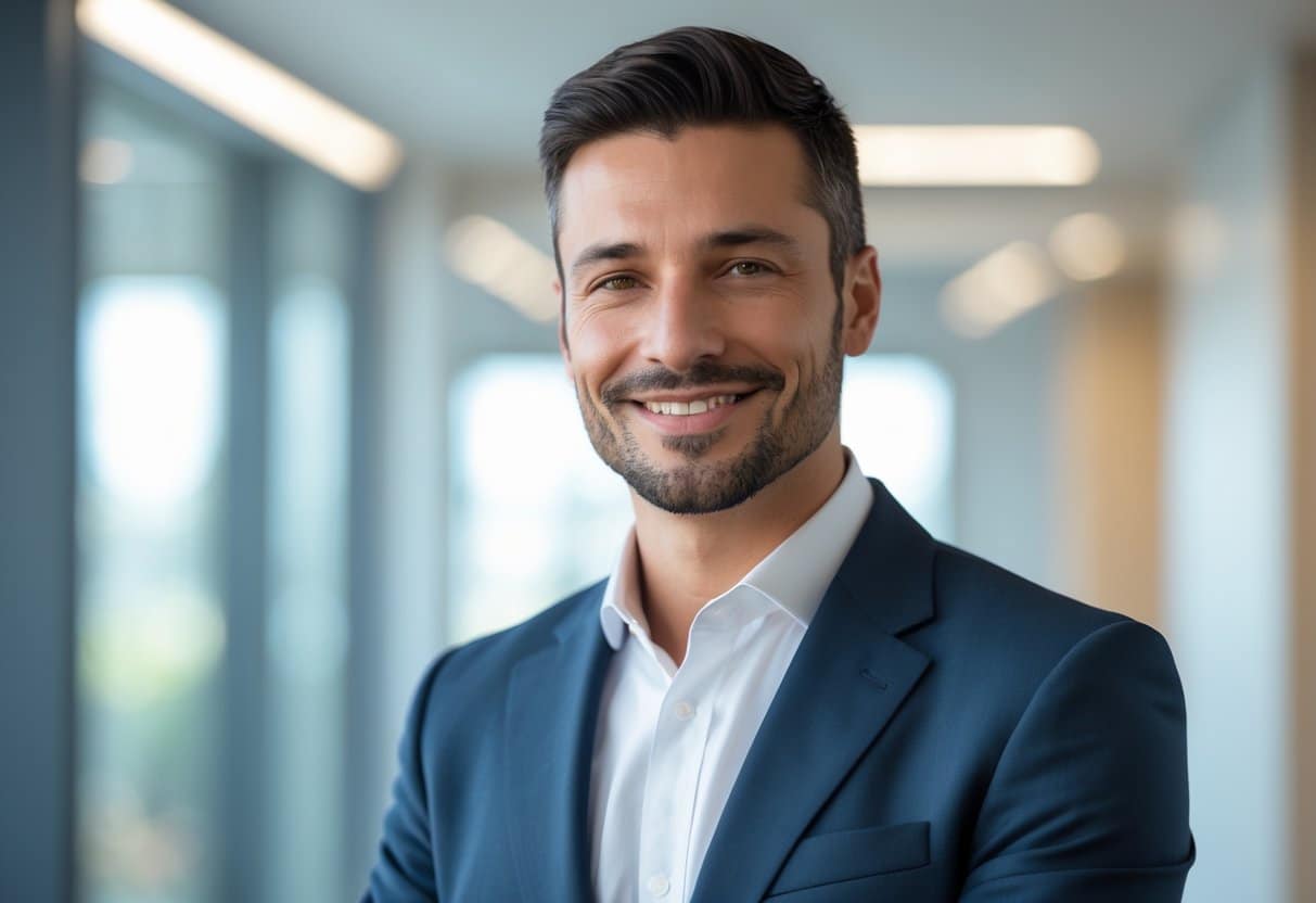 Homem sorridente de meia-idade vestindo terno azul em um escritório moderno e iluminado.