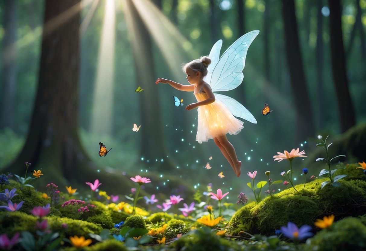 Uma fada brilhante com asas translúcidas voando sobre um chão de floresta verde com flores coloridas e pequenos animais ao redor.