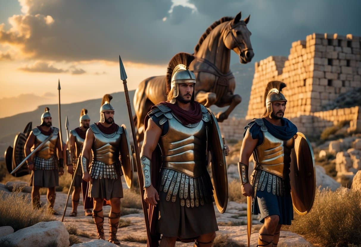 Grupo de guerreiros gregos antigos com armaduras e armas próximos à muralha da cidade de Troia, com o cavalo de madeira ao fundo.
