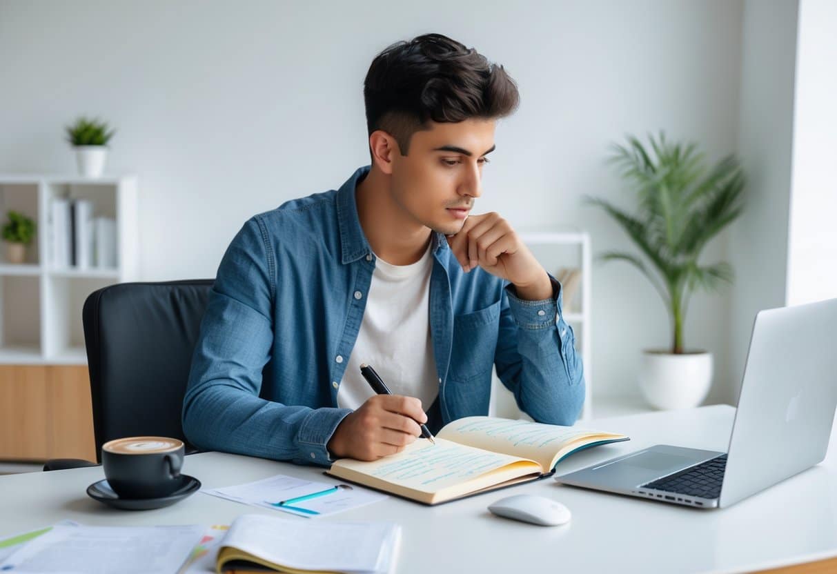 Pessoa jovem pensativa sentada em uma mesa moderna, olhando para um caderno aberto em um escritório doméstico iluminado.