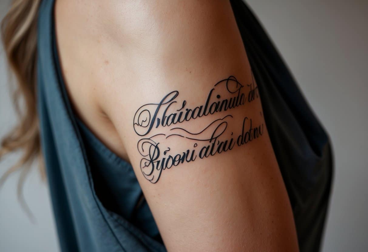 Braço de uma pessoa com uma tatuagem de frase em latim em destaque.