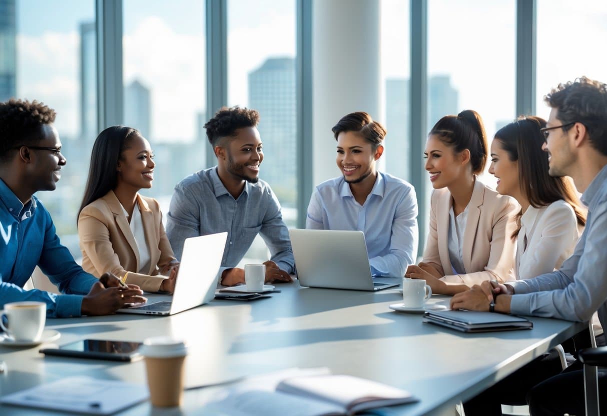 Grupo de jovens profissionais reunidos em uma mesa de conferência em um escritório moderno, conversando e colaborando.