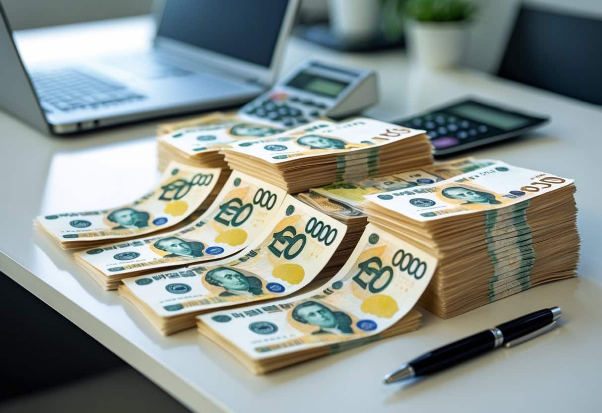 Mesa de escritório com várias cédulas de won sul-coreano organizadas, ao lado de um laptop e uma calculadora.