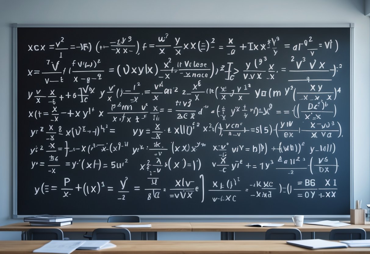 Quadro negro com uma equação matemática complexa escrita, em uma sala clara e organizada.