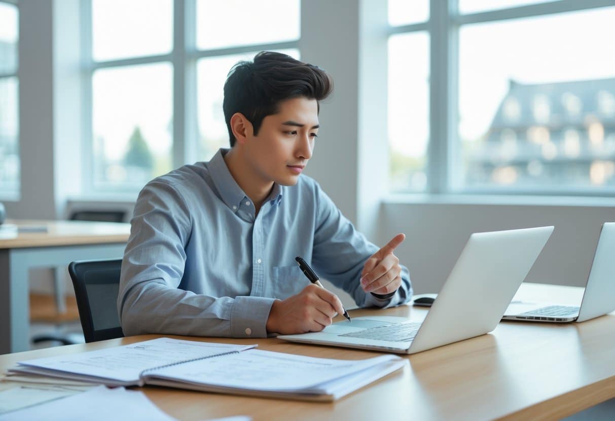 Pessoa jovem pensativa sentada em uma mesa de escritório moderna, olhando para um caderno aberto com anotações, em um ambiente iluminado e minimalista.