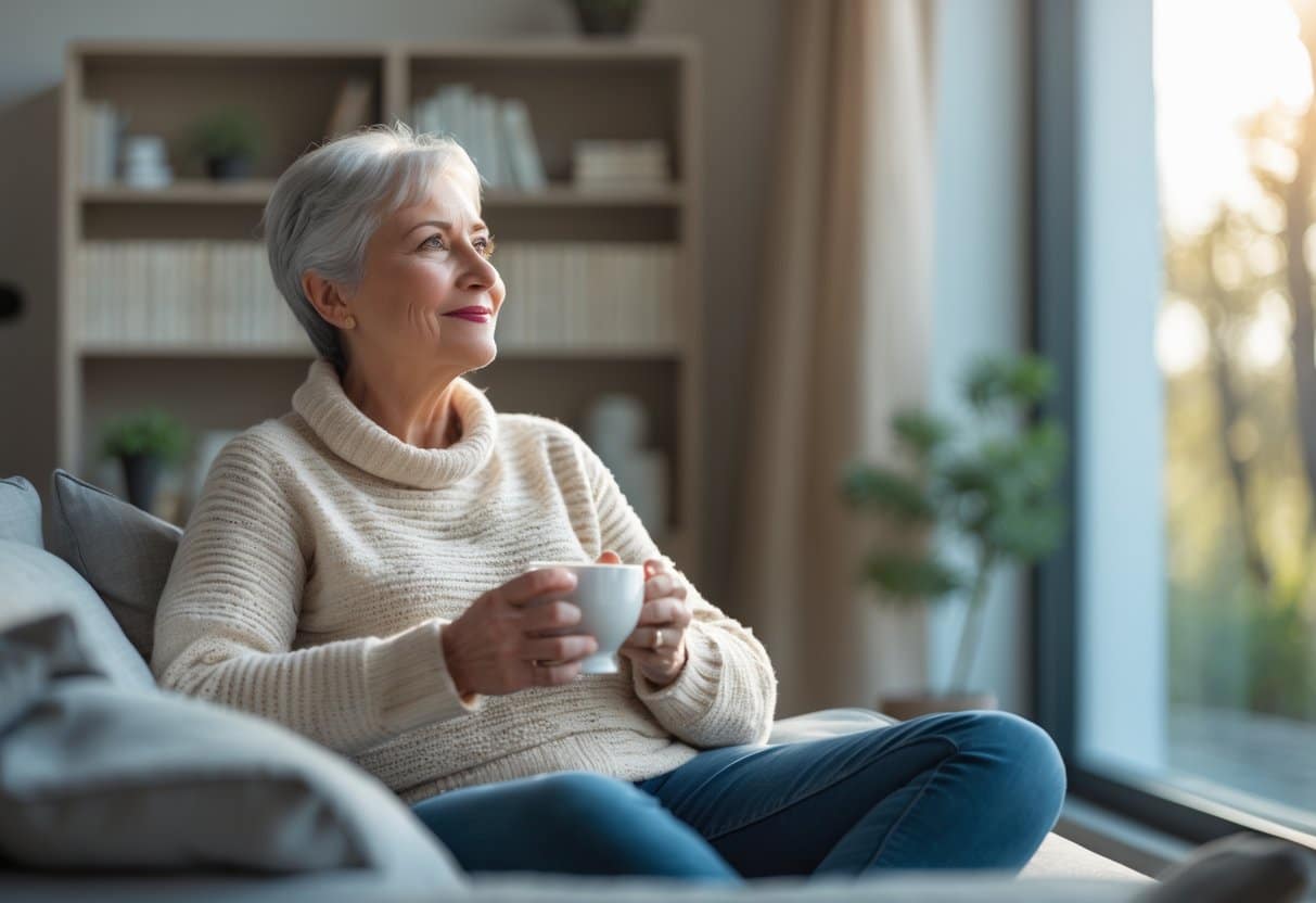 Pessoa sentada confortavelmente perto de uma janela grande, segurando uma xícara e olhando pensativa para fora.