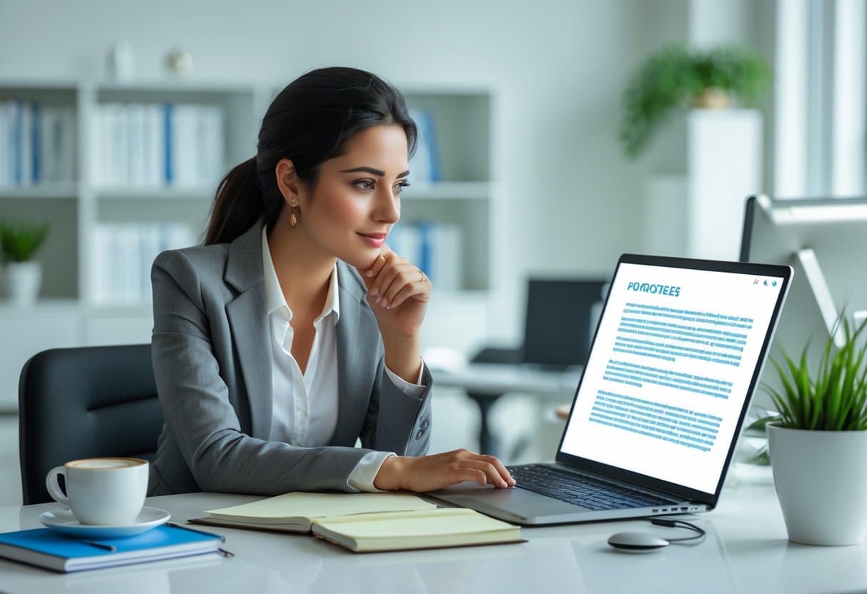 Mulher jovem sentada à mesa de escritório, olhando para o laptop com expressão concentrada.