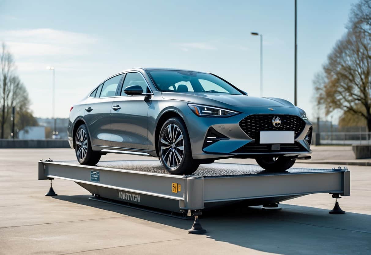 Um carro moderno sendo pesado em uma balança veicular ao ar livre.