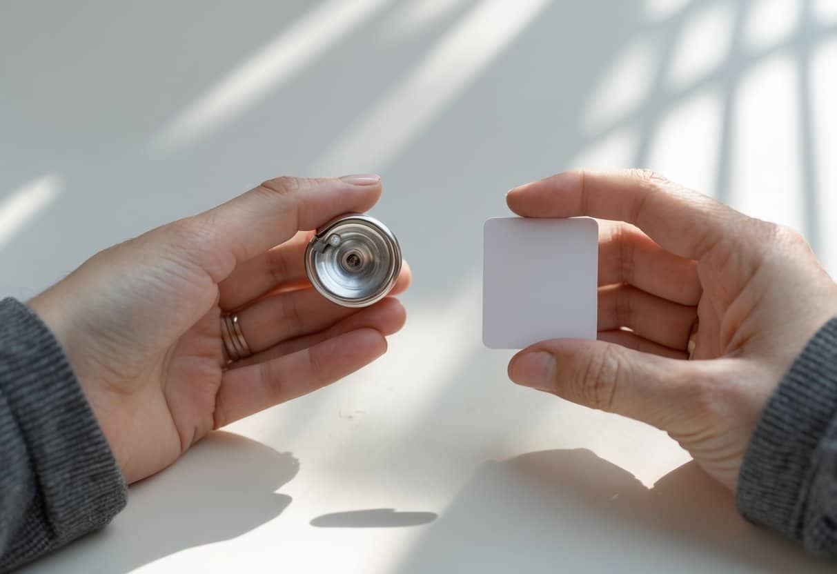 Mãos segurando um prendedor de papel metálico em uma mão e uma pequena ficha retangular na outra, sobre fundo neutro.