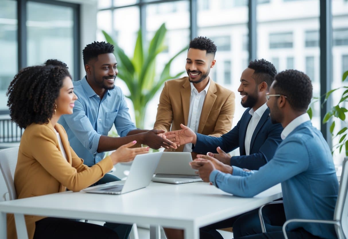 Grupo de pessoas em um escritório moderno, interagindo de forma amigável e colaborativa, demonstrando cortesia e ajuda mútua.