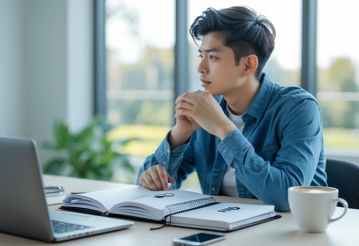 Pessoa jovem pensativa sentada em uma mesa de escritório moderna com cadernos e laptop, refletindo sobre uma decisão.